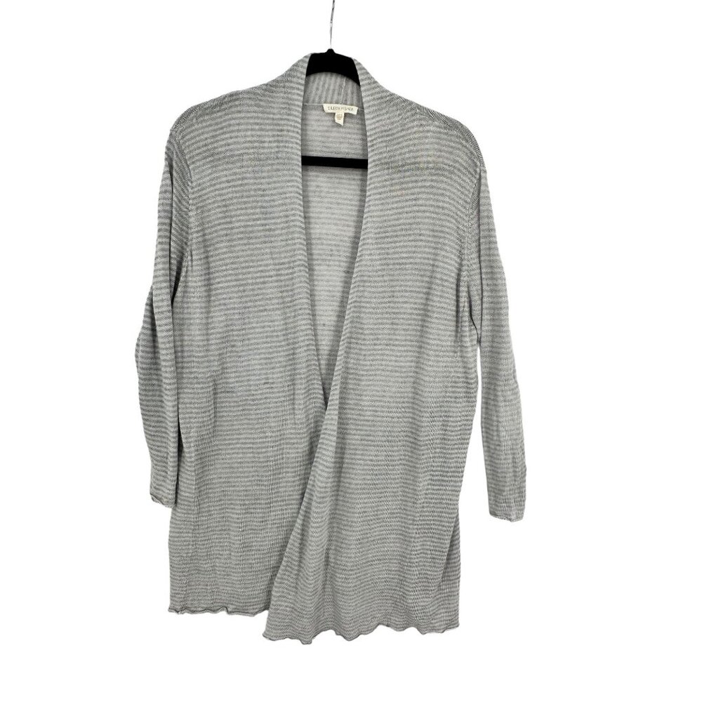 Women's Eileen Fisher Open Cardigan Large Italy 100%‎ Linen Gray White Stripe